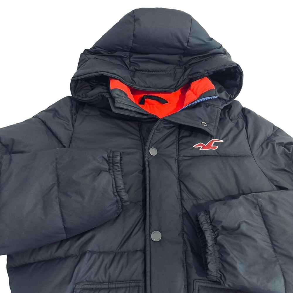 Hollister Insulated Hooded Puffer Jacket Mens L Black Red Lined Media Pocket